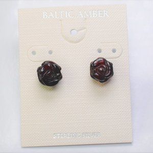 Baltic Amber Carved Rose Cherry Stud Earrings